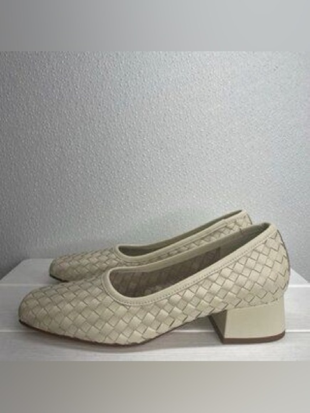 Freda Salvador Cream Woven Square-Toe Low Block Heel Flats